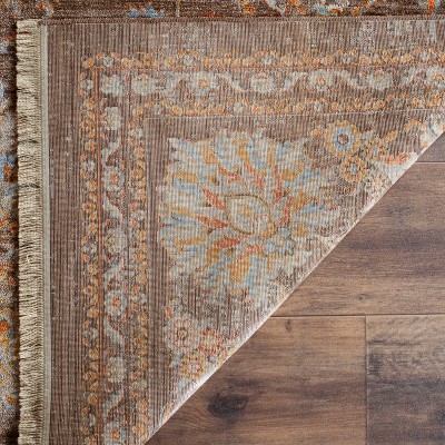 Brown Floral Motif Synthetic Runner Rug with Trim Embellishment