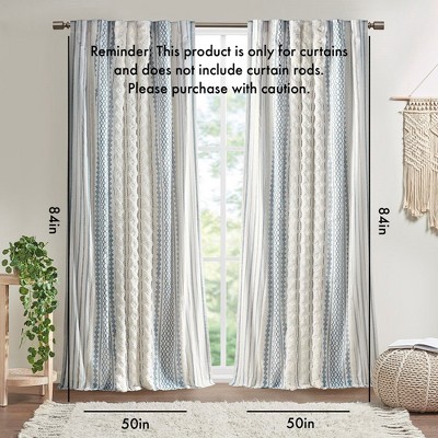 Wikineon Cotton Printed Curtain Panel with Chenille Stripe and Lining White/Navy 50x84