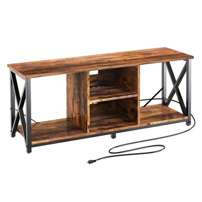 Fabato Wood 55 Inch TV Stand and Entertainment Center with 4 Socket Plug-In Station, 3-Height Adjustable Shelf, and Wire Threading Holes