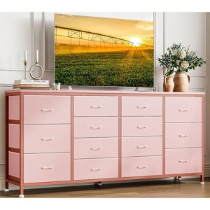 14 Drawer Dresser TV Stand, Built-In Power Outlets & USB Ports, 63" W Long Wide Chest of Drawers, Fabric Storage Organizer Drawer Unit - 1 of 4