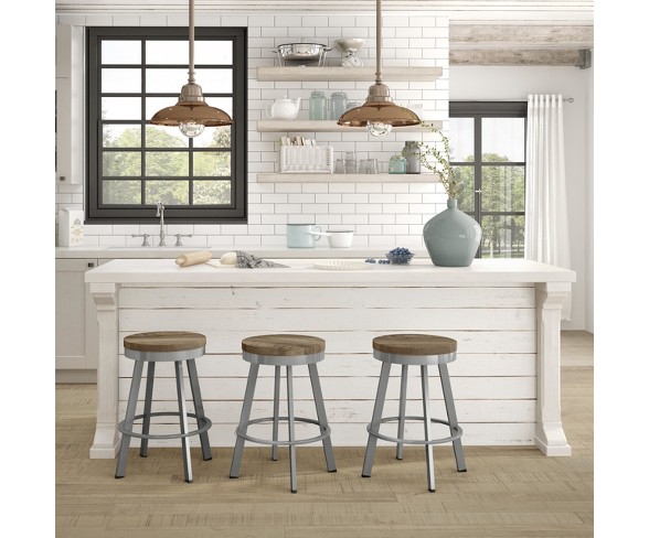30" Amisco Warner Bar Stool with Beige Wood Seat Glossy Gray Metal