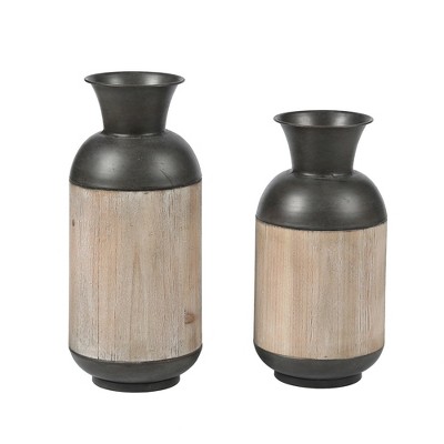 LuxenHome Set of 2 Brown Metal and Wood Bottle Vases, Tabletop Decoration