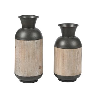 LuxenHome Set of 2 Brown Metal and Wood Bottle Vases, Tabletop Decoration - 1 of 4