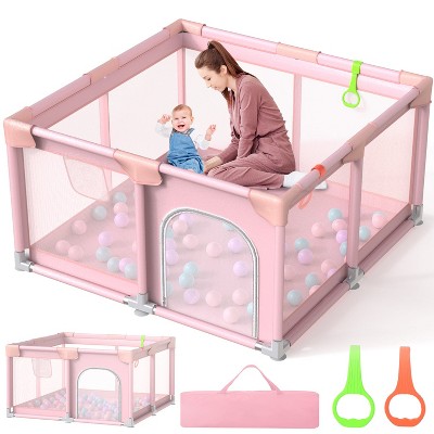 Skirfy Baby Playpen, 50 x 50 in, Non-Slip Base, Soft Mesh Sides, 2 Pull-up Rings, Carry Bag