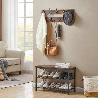 NicBex Shoe Rack for Front Door Entrance with Bench, Double Shoe Rack Coat Rack Freestanding with Adjustable Plate, 9 Hooks for Foyer, Brown