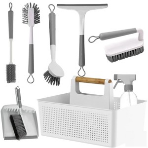 OU 8-Piece Home Cleaning Tools Set – Silicone Squeegee, Scrub Brushes, Refillable Spray Bottle, Organizer Caddy & More for Bathroom & Kitchen Cleaning - 1 of 4