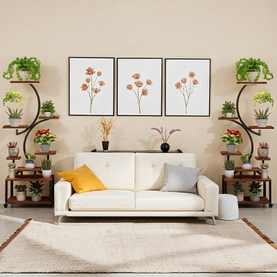8 Tiered Walnut Wood Plant Stand,Indoor Tall Plant Stand With Grow Light,S-Shaped Corner Plant Planter For Living Room Patio-Coolbibila