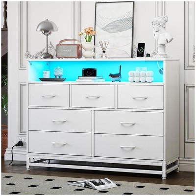 Modern White 7-Drawer Dresser with Charging Station and LED Lights - Large Capacity Storage Chest for Bedroom