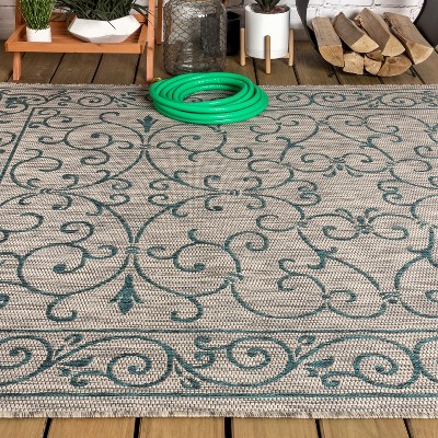 Boho-Chic Vintage Filigree Teal & Gray Synthetic Indoor/Outdoor Rug