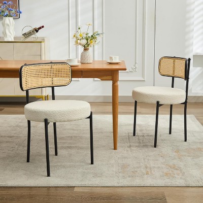 DYHOME Dining Chairs, Dining Room Chairs Set of 4 with Rattan Cane Back, Upholstered Modern Boucle Dining Chairs with Black Metal Legs