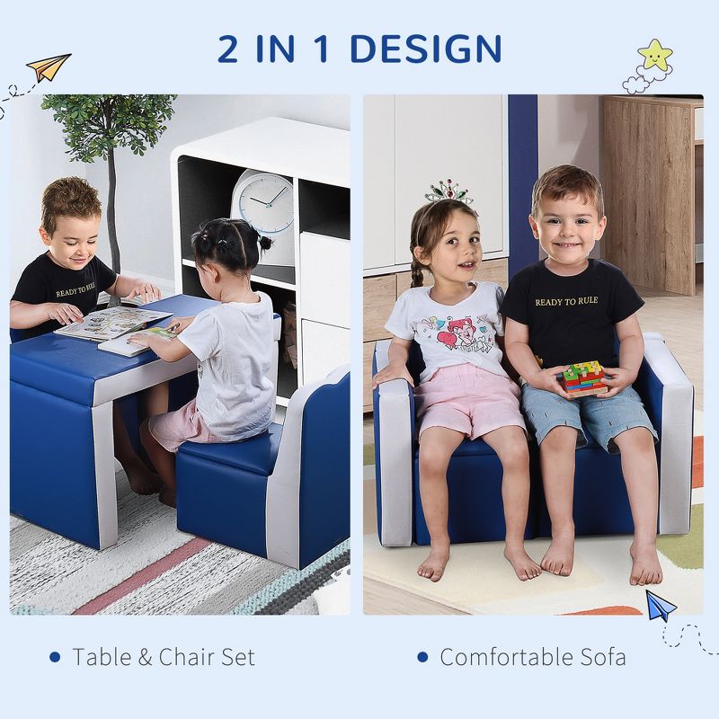 Qaba Kids Sofa Set 2-in-1 Multi-Functional Toddler Table Chair Set 2 Seat Couch Storage Box Soft Sturdy, 5 of 9