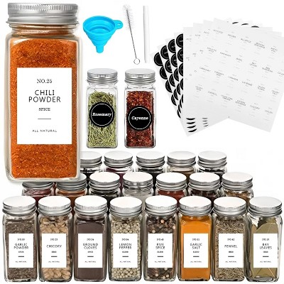 LunaLulinlk 24 Piece Glass Spice Jars/Bottles - 4 oz Empty Square Spice Containers with 8 Spice Labels