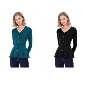 Allegra K Women's Slim Fit V-Neck Long Sleeve Ribbed Knitted Peplum Top 2 Packs - 1 of 4