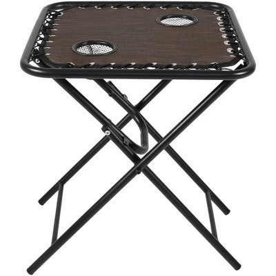 Sunnydaze Weather-Resistant Lightweight Outdoor Folding Sling Side Table with Mesh Drink Holders - Dark Brown