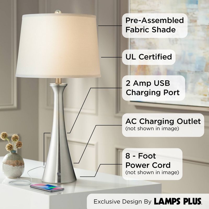 360 Lighting Karl Modern Table Lamps 27 1/2" Tall Set of 2 Brushed Nickel with USB and Outlet White Drum Shade for Bedroom Living Room House Bedside, 3 of 10