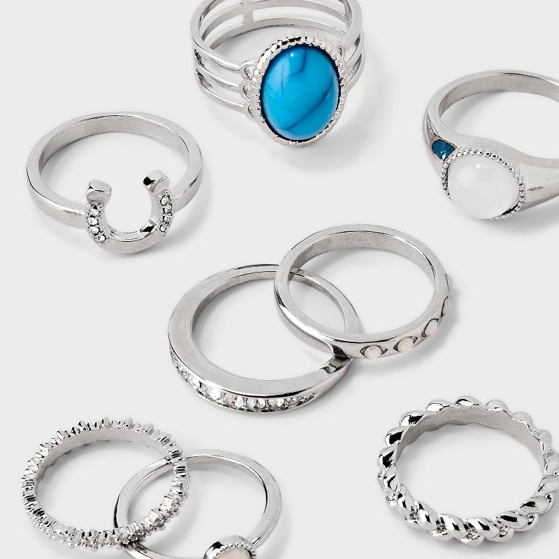 Rhinestone and Turquoise Band Ring Set 8pc - Wild Fable&#8482; Silver, 2 of 10