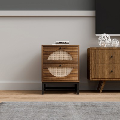 2pcs Nightstand with 2 Large Storage Drawers, Circular Handle Mid Century Modern End Table for Bedroom, Living Room Natural Rattan Display Rack