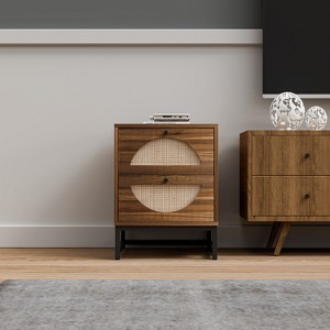 2pcs Nightstand with 2 Large Storage Drawers, Circular Handle Mid Century Modern End Table for Bedroom, Living Room Natural Rattan Display Rack - 1 of 4