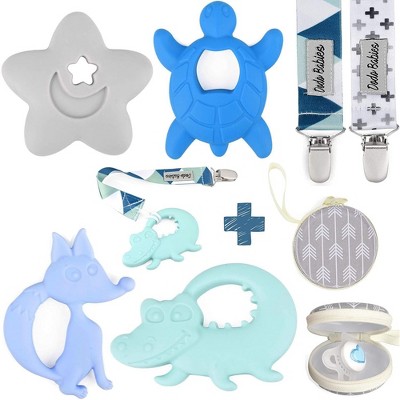 Dodo Babies Teething Toy & Pacifier Clip Set - Silicone Teether Four Pack Plus Two Universal Holder Paci Leashes and Binky Case