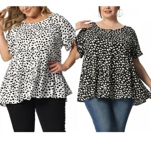 Women's Plus Size 2 Pieces Polka Dots Round Neck Flare Sleeve Casual Tiered Peplum Blouses -Agnes Orinda - 1 of 4