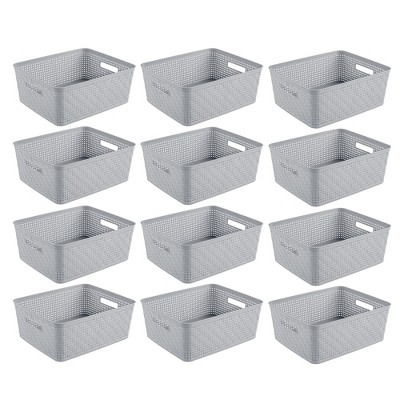 Sterilite 14'' x 11.5'' x 5'' Rectangular Weave Pattern Short Basket with Handles for Bathroom, Laundry Room, Pantry, & Closet, Cement (12 Pack)