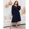 Women's Plus Size Midi Dress V-Neck Lace Pocket Lantern Sleeve Waist Tie Dress Fall - 4 of 4