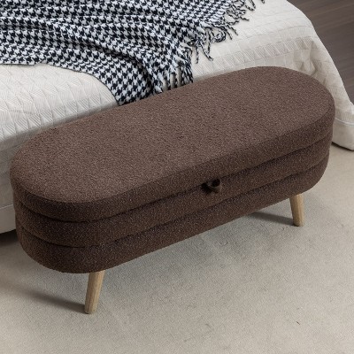 Boucle Entryway Bench With Storage Shoe Changing Stool Upholstered Oval  Ottoman Stool Seat With Wood Legs For Bedroom Living Room-Cuddlewood