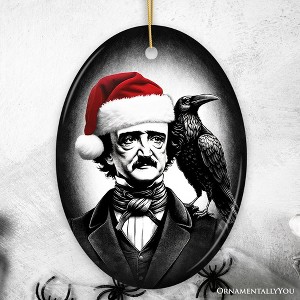 Gothic Edgar Allan Poe with Santa Hat And Raven Ornament, Halloween Tree Christmas Decor| OrnamentallyYou - 1 of 4