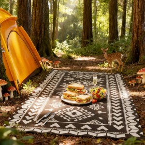 NAYSAYE 9' x 18' Reversible Outdoor Patio Rug Portable Camping Area Mat Waterproof for Indoor and Outdoor Use, Black and White - 1 of 4