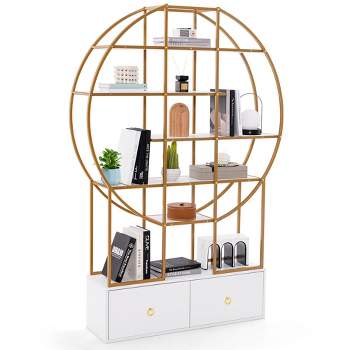 Tangkula 71" Tall Metal Bookcase 6-Tier Gold Bookshelf w/ 2 Storage Drawers Home Office
