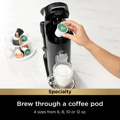 Black Single-Serve Coffee Maker with Integrated Milk Frother