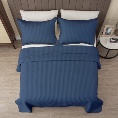 Navy King Microfiber Channel-Stitched All-Season Quilt Set