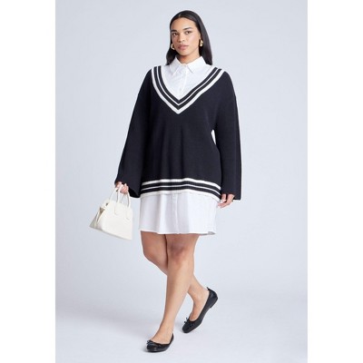 ELOQUII Women's Plus Size Striped Sweater Twofer Mini Shirt Dress