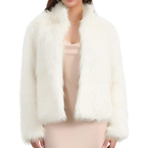 Seta T Women's Fleece Cropped Faux Fur Long Sleeve Pockets Shaggy Warm Winter Jacket - 1 of 4