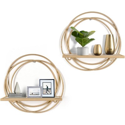 Attop Small Floating Shelves Set of 2, 11" Gold Wall Mounted Hanging Shelf with Metal Frame Wood Round Wall Shelves for Storage