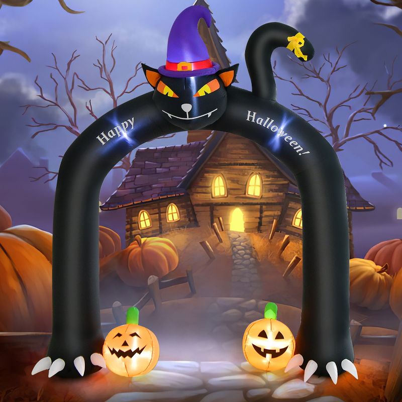 Costway 9FT Halloween Inflatable Cat Archway Blow-up Doorway Decoration with Wizard Cat & Pumpkins  Bright LED Lights, 1 of 11