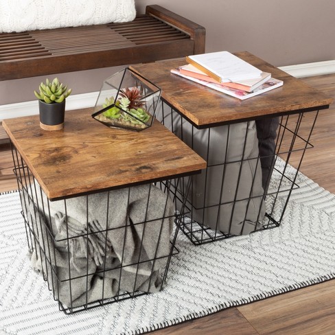 End Table with Storage – Set of 2 Nesting Tables – Square Wire Basket Base  and Wood Tops – Industrial Farmhouse Style Side Table by Lavish Home