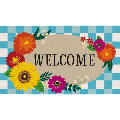 Evergreen Plaid Floral Welcome Coir Mat