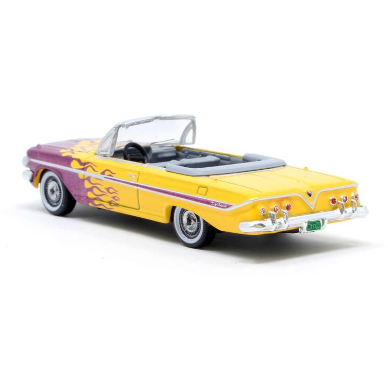 1961 Chevrolet Impala Convertible Yellow w/Purple Flames "Hot Rod" 1/87 (HO) Scale Diecast Model Car by Oxford Diecast, 3 of 4