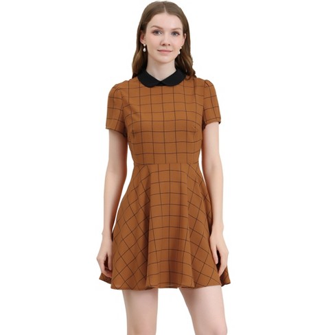 Allegra K Women's Plaid Grid Peter Pan Collar Contrast Christmas Xmas Party  Short Sleeve A-line Dresses Yellow Brown Small