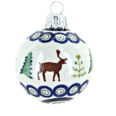 Blue Rose Polish Pottery Reindeer Pine Christmas Ball