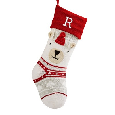 Personalization Mall Winter Polar Bear Embroidered Initial Knit Christmas Stocking