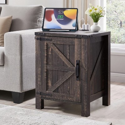 OKD Nightstand with Charging Station, Farmhouse End Table w/Barn Door