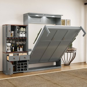 Queen Size Murphy Bed with Storage Cabinet, Wine Rack and Glass Holder - 1 of 4
