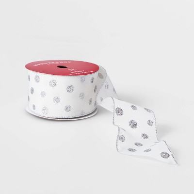 2.5" Faux Linen with Silver Glitter Dots Ribbon White 21ft - Wondershop™