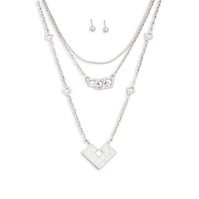 Slickblue Women's Square Pendant Necklace Set, Layered Chain With Ball Earrings, Fashion Jewelry, Silver/Gold