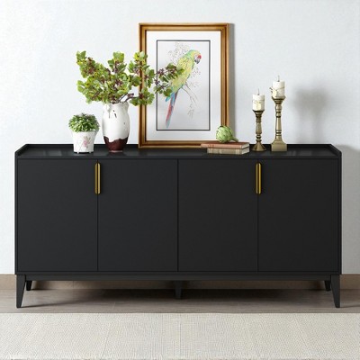 Modern Wooden Sideboard Cabinet with 4 Doors, Adjustable Shelves & Textured Aluminum Handles, Storage Buffet for Kitchen, Dining Room, Living Room