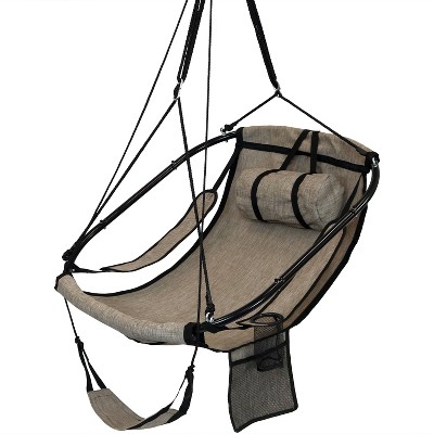 Sunnydaze Outdoor Olefin Hanging Hammock Chair Swing with Armrests, Side Pouch, Pillow, and Footrest - Beige