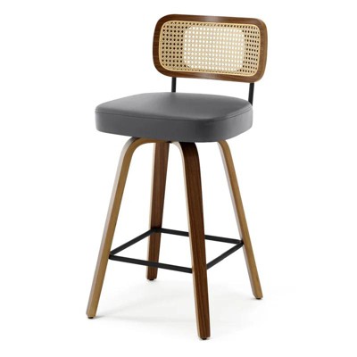Bekrvio Swivel Counter Height Bar Stools - 26" Faux Leather Upholstered with Rattan Back,Ideal for Kitchen Island