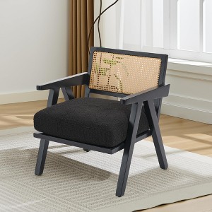 Mid-Century Farmhouse Accent Chair - Wood Armchair with Rattan Backrest & Linen Cushion for Living Room, Bedroom - Beige, Easy Assembly - 1 of 4